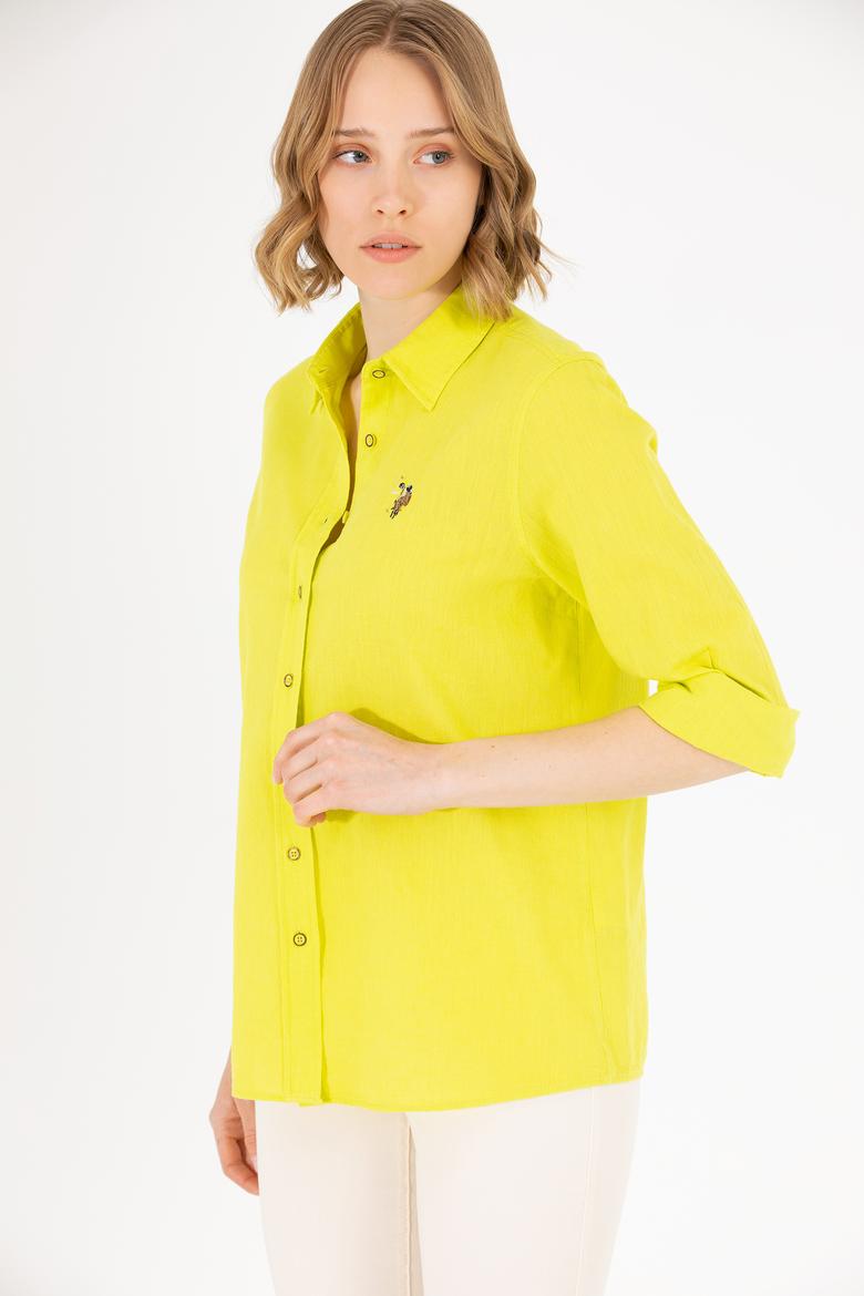 Kadın Neon Sarı Keten Görünümlü Uzun Kollu Basic Gömlek - 50262873029