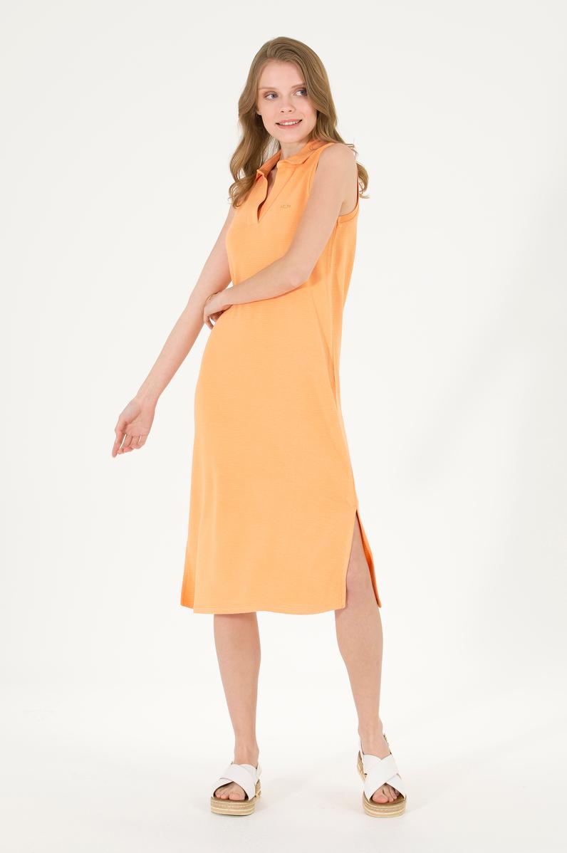 Kadın Turuncu Polo Yaka Örme Elbise