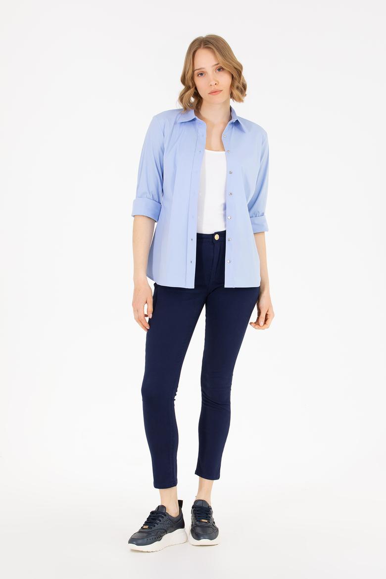 Kadın Mavi Uzun Kollu Basic Gömlek - 50270992115