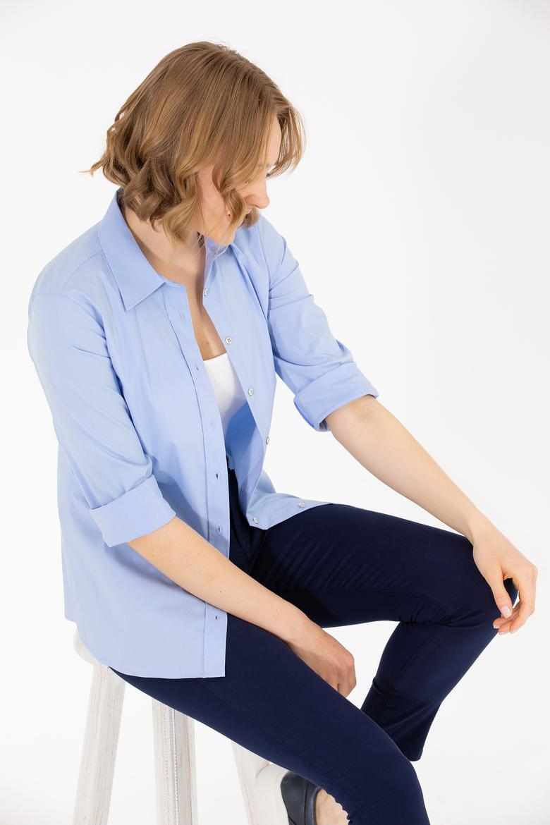 Kadın Mavi Uzun Kollu Basic Gömlek - 50270992115