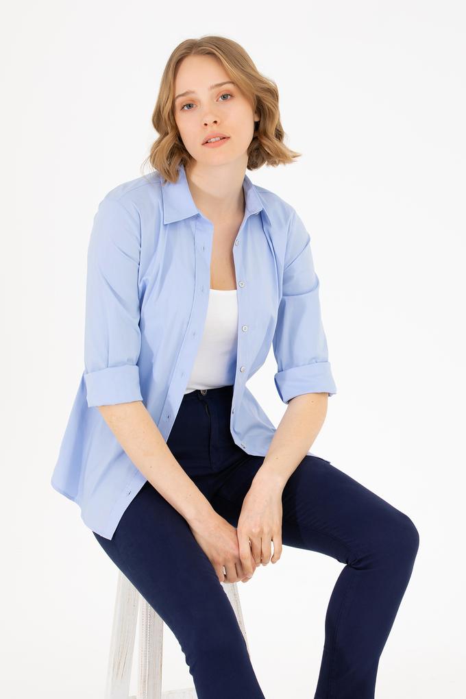 Kadın Mavi Uzun Kollu Basic Gömlek