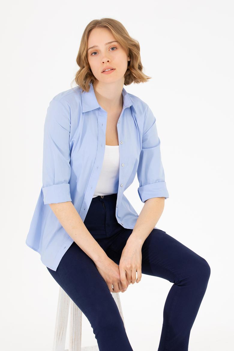 Kadın Mavi Uzun Kollu Basic Gömlek