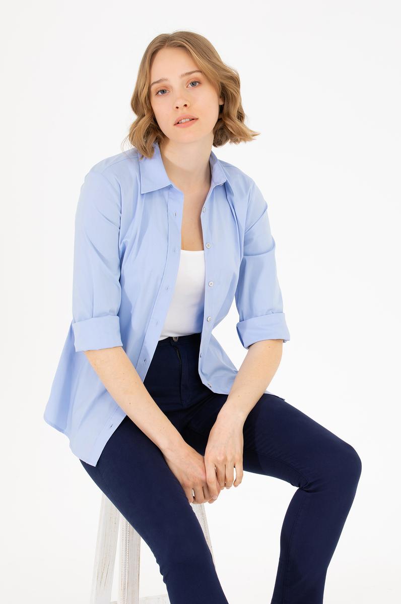 Kadın Mavi Uzun Kollu Basic Gömlek