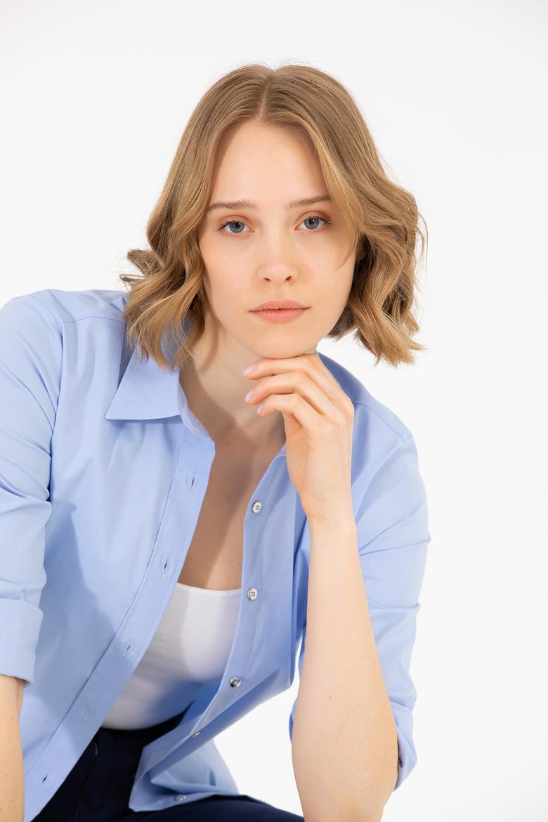 Kadın Mavi Uzun Kollu Basic Gömlek - 50270992115