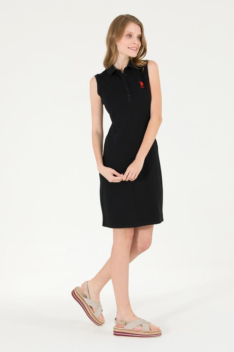 Kadın Siyah Polo Yaka Örme Elbise - 50271554004
