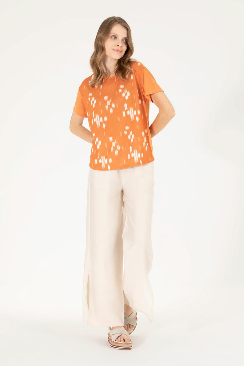 Kadın Kiremit Bisiklet Yaka Tişört - 50263590019