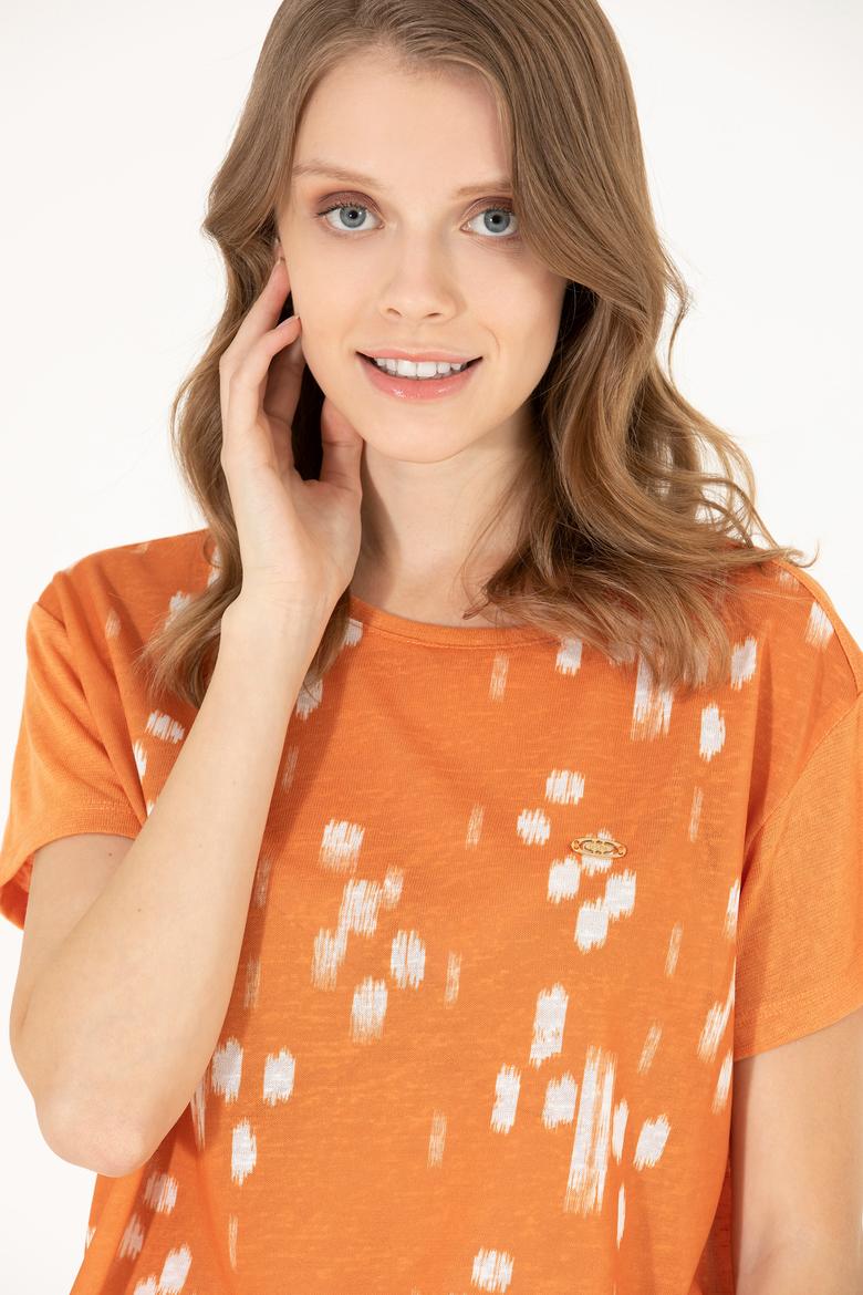 Kadın Kiremit Bisiklet Yaka Tişört - 50263590019