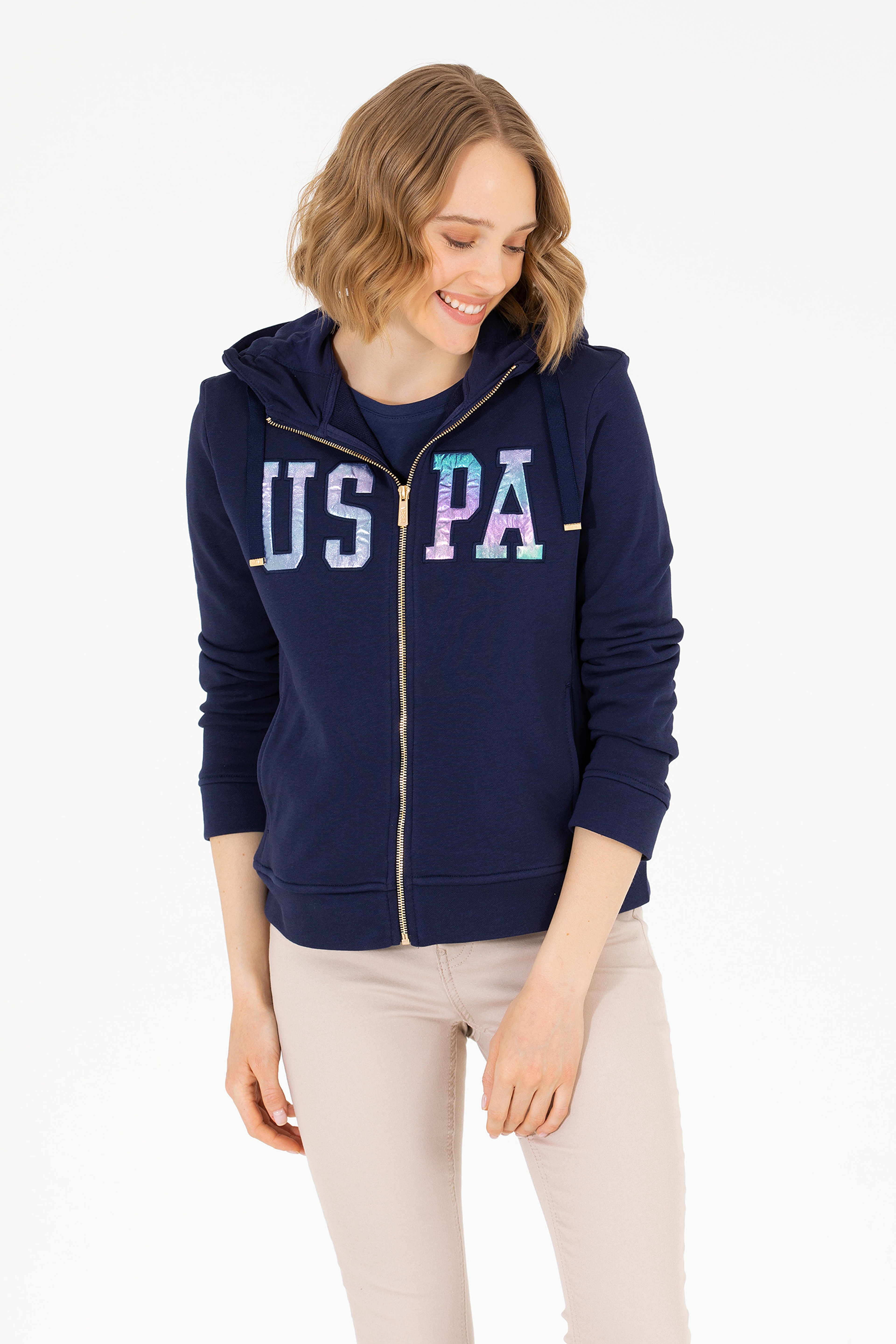 Kadın Lacivert Kapüşonlu Fermuarlı Basic Sweatshirt - Image 2