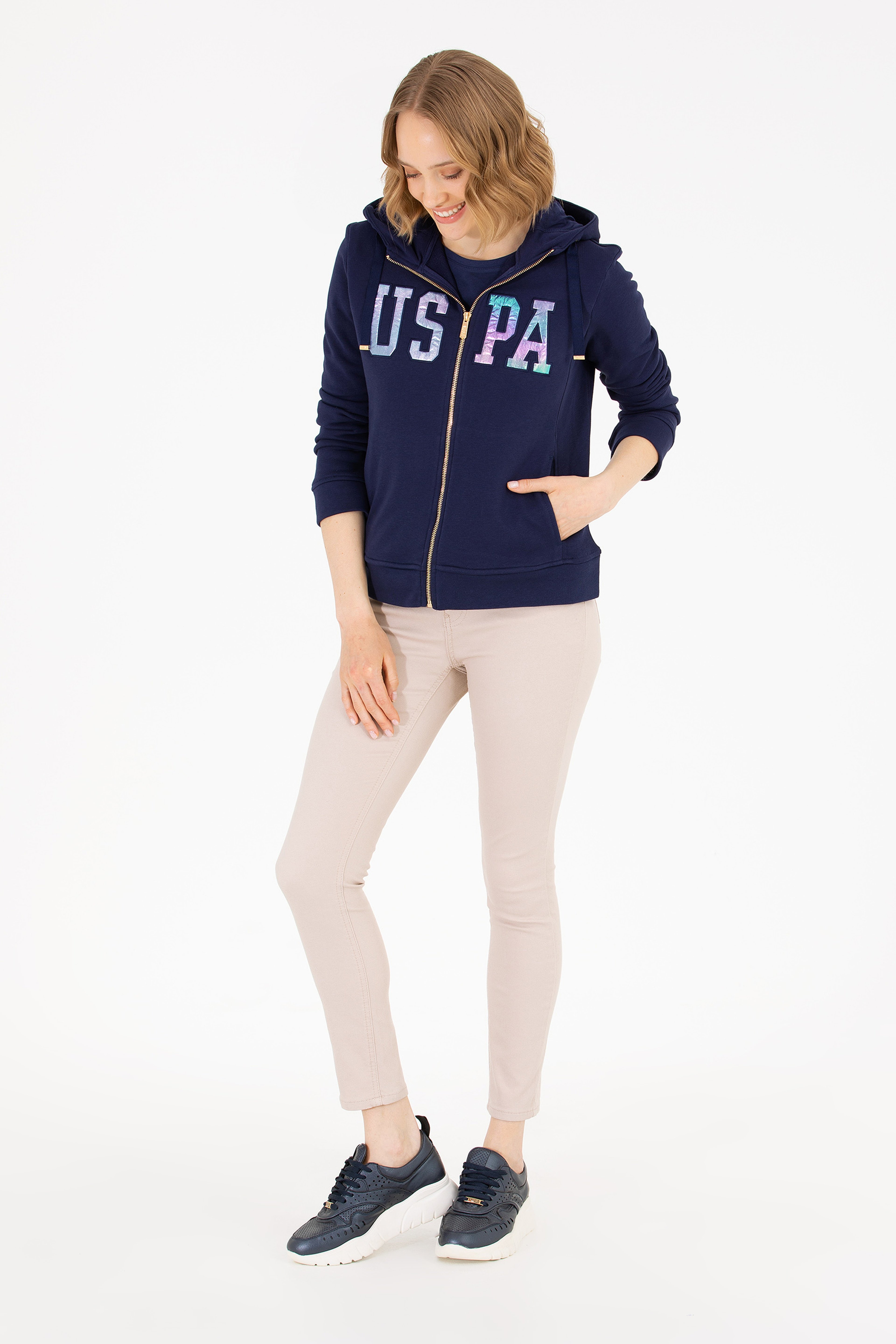 Kadın Lacivert Kapüşonlu Fermuarlı Basic Sweatshirt - Image 3