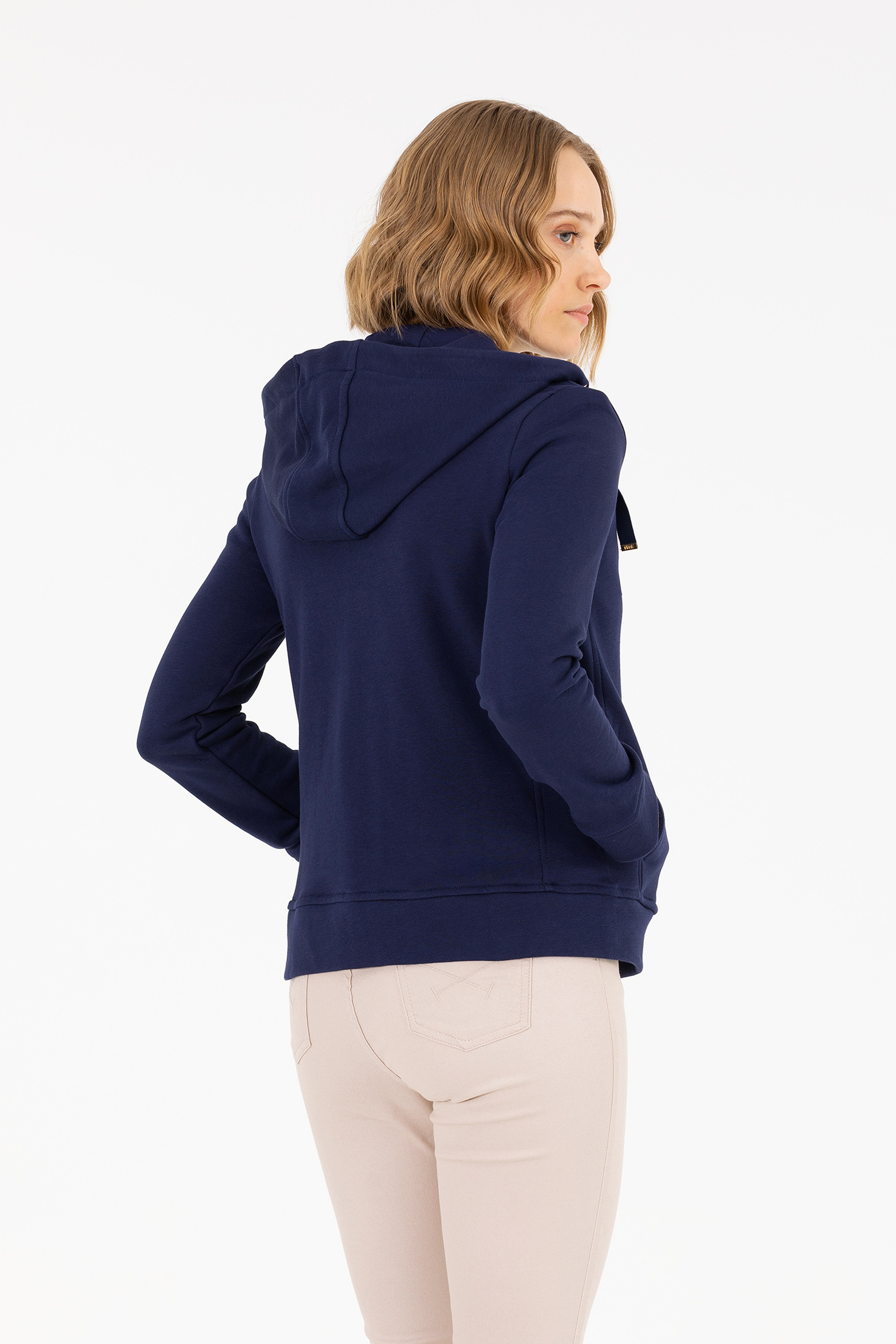 Kadın Lacivert Kapüşonlu Fermuarlı Basic Sweatshirt