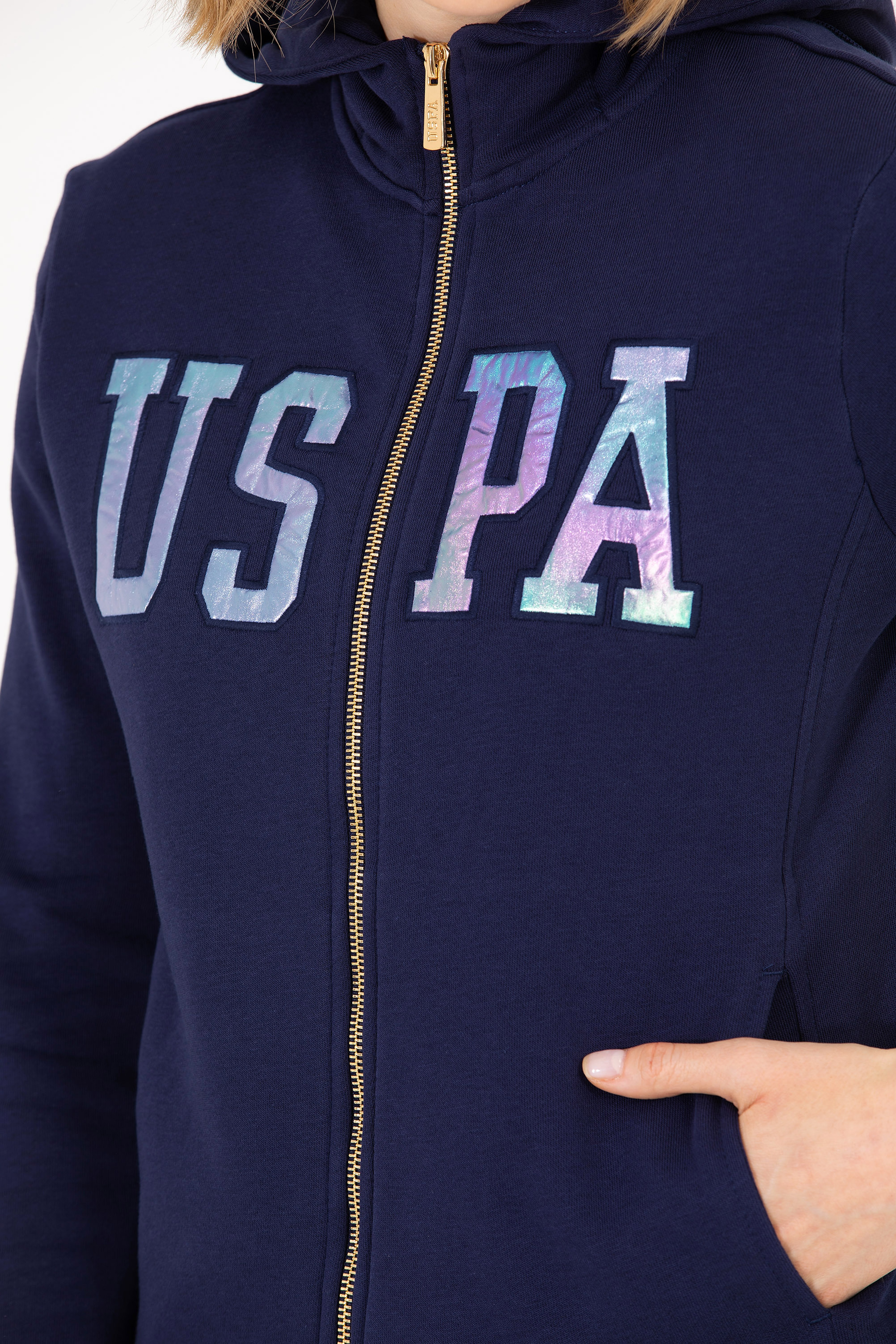 Kadın Lacivert Kapüşonlu Fermuarlı Basic Sweatshirt - Image 7