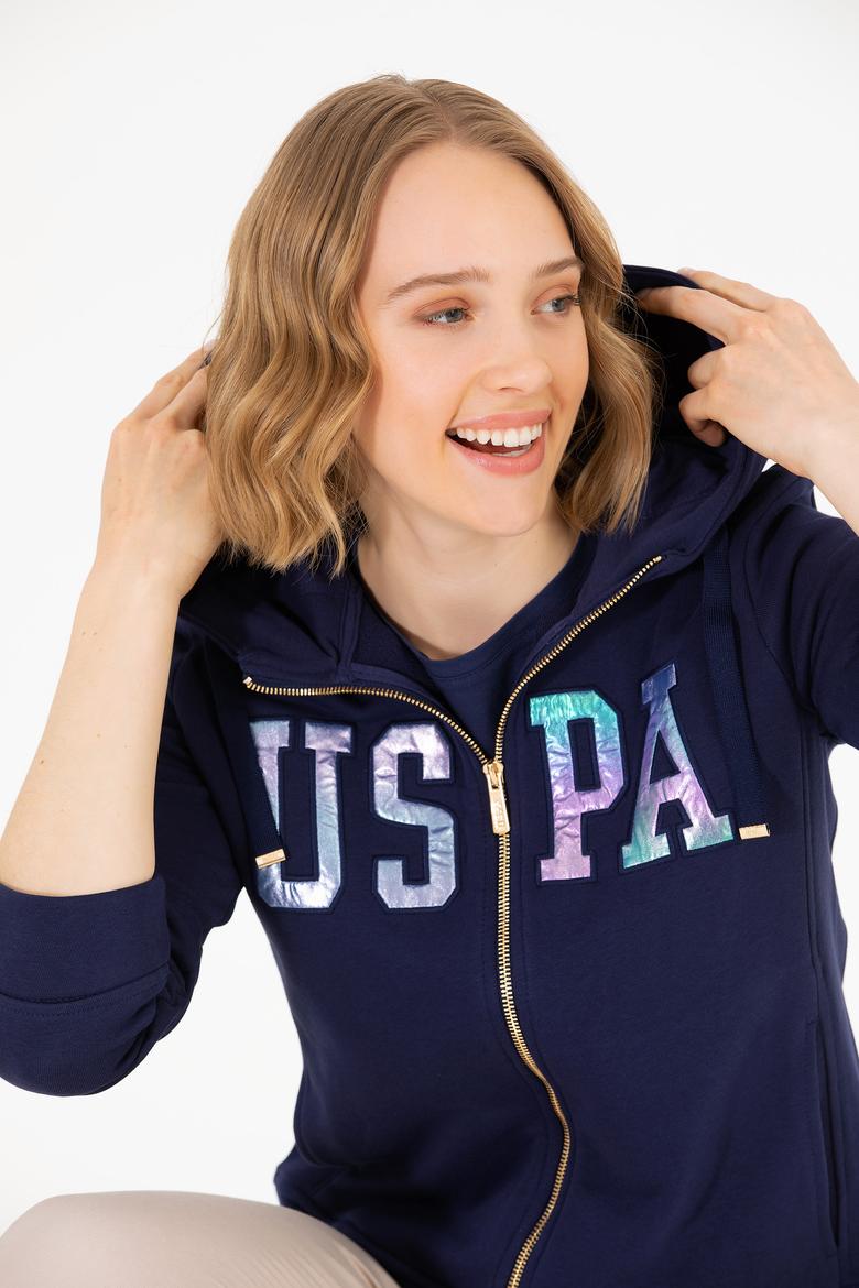 Kadın Lacivert Kapüşonlu Fermuarlı Basic Sweatshirt