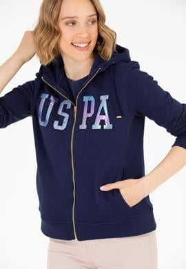 Kadın Lacivert Kapüşonlu Fermuarlı Basic Sweatshirt - 50262653029