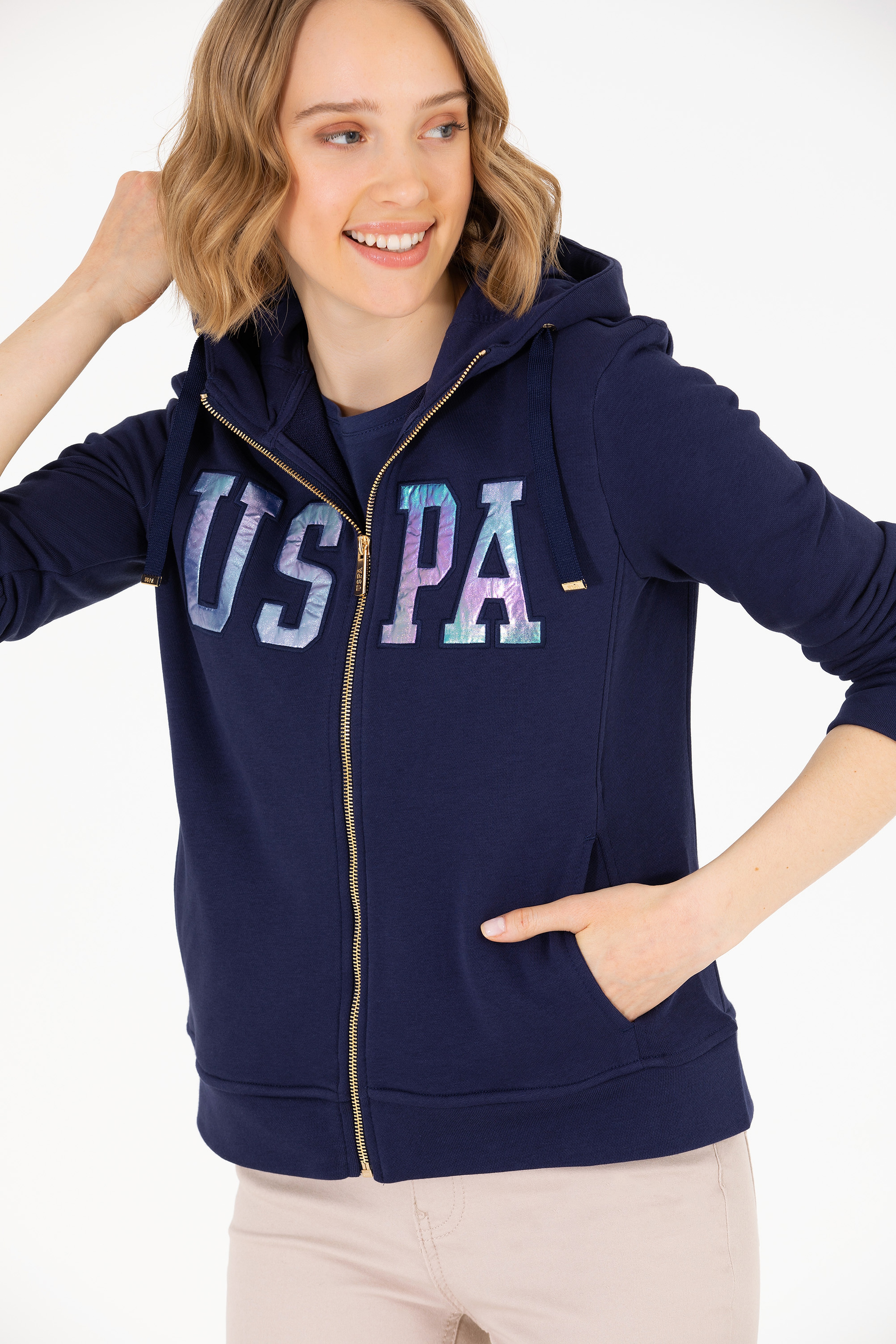 Kadın Lacivert Kapüşonlu Fermuarlı Basic Sweatshirt