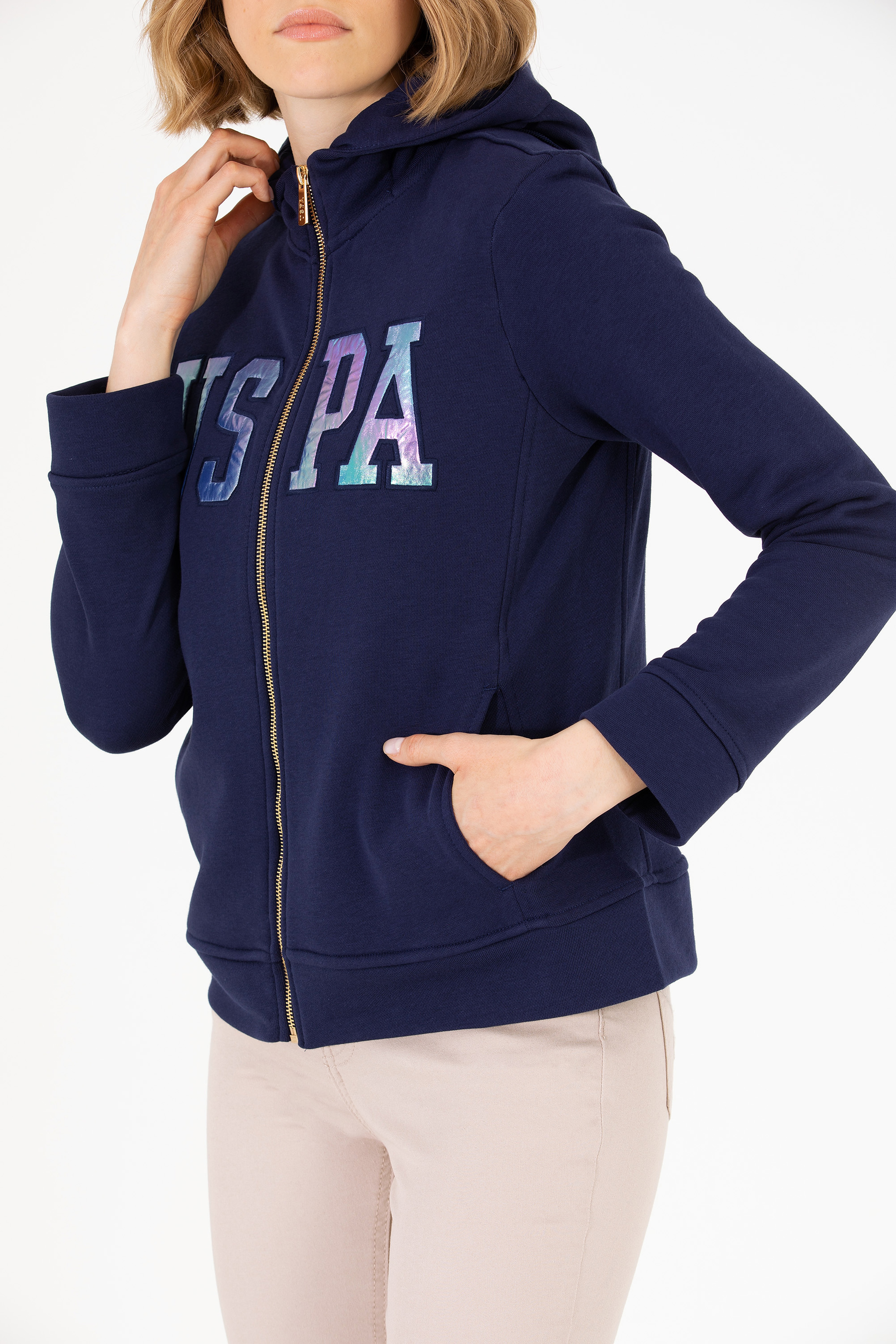 Kadın Lacivert Kapüşonlu Fermuarlı Basic Sweatshirt - Image 6