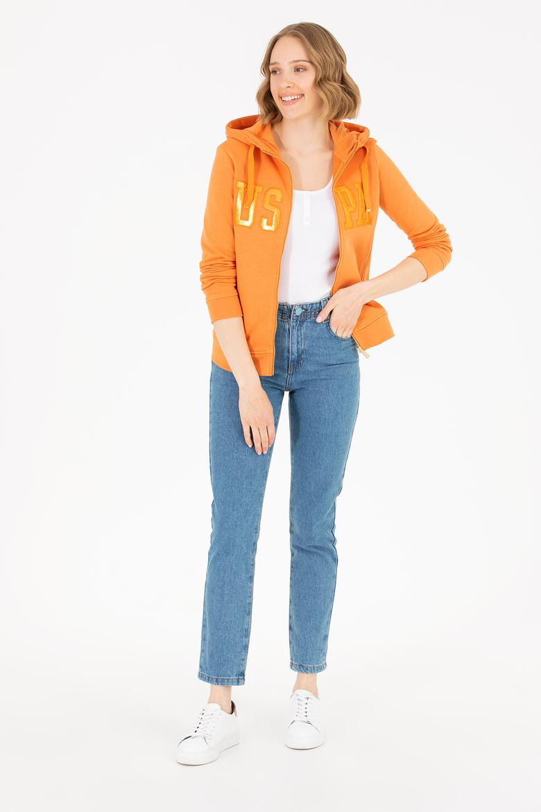 Kadın Kiremit Kapüşonlu Fermuarlı Basic Sweatshirt - 50262653064