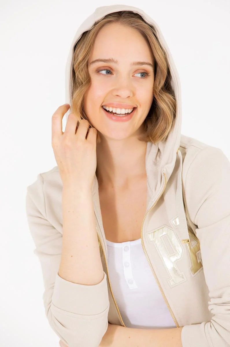 Kadın Taş Kapüşonlu Fermuarlı Basic Sweatshirt