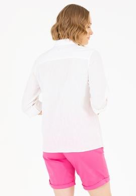 Kadın Beyaz Keten Görünümlü Basic Uzun Kollu Gömlek - 50262873007