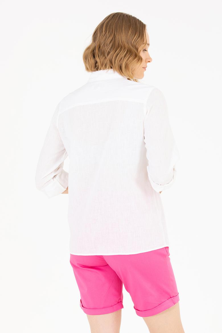 Kadın Beyaz Keten Görünümlü Basic Uzun Kollu Gömlek - 50262873007