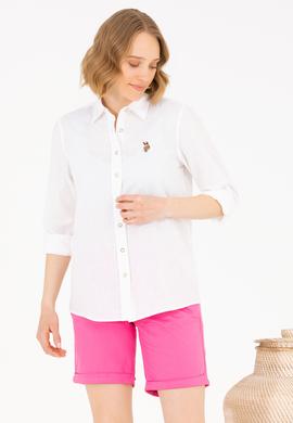 Kadın Beyaz Keten Görünümlü Basic Uzun Kollu Gömlek - 50262873007