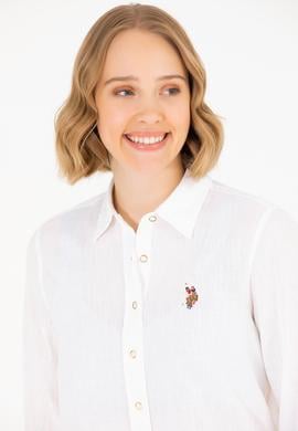 Kadın Beyaz Keten Görünümlü Basic Uzun Kollu Gömlek - 50262873007