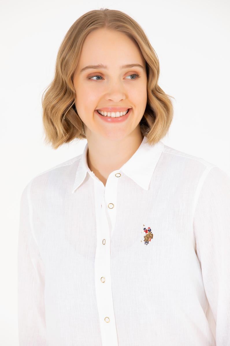 Kadın Beyaz Keten Görünümlü Basic Uzun Kollu Gömlek