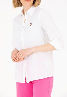 Kadın Beyaz Keten Görünümlü Basic Uzun Kollu Gömlek - 50262873007