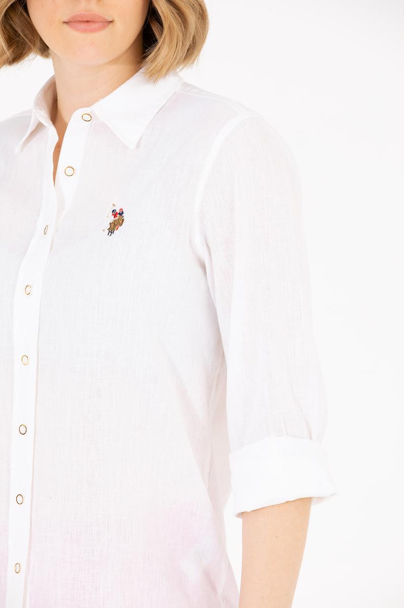 Kadın Beyaz Keten Görünümlü Basic Uzun Kollu Gömlek