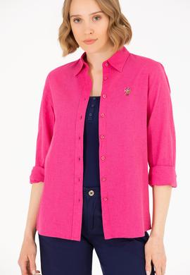 Kadın Fuşya Keten Görünümlü Uzun Kollu Basic Gömlek - 50262873061