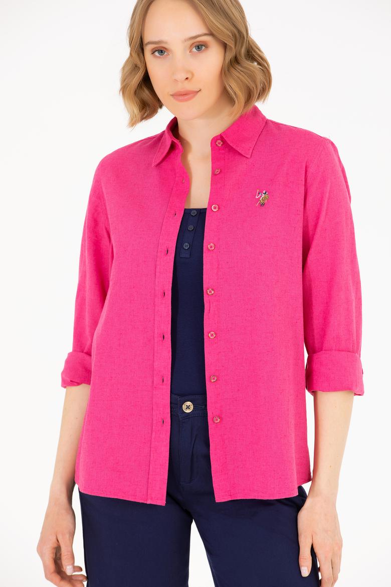 Kadın Fuşya Keten Görünümlü Uzun Kollu Basic Gömlek