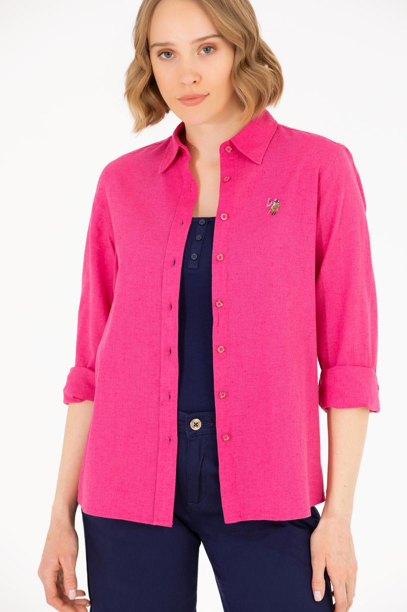 Kadın Fuşya Keten Görünümlü Uzun Kollu Basic Gömlek