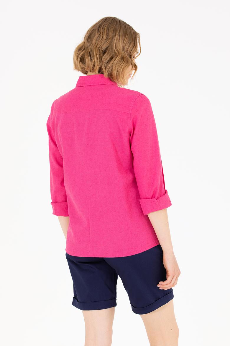 Kadın Fuşya Keten Görünümlü Uzun Kollu Basic Gömlek - 50262873061