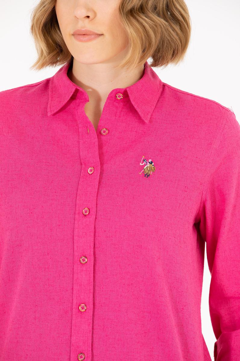 Kadın Fuşya Keten Görünümlü Uzun Kollu Basic Gömlek