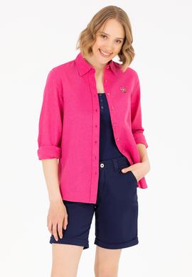 Kadın Fuşya Keten Görünümlü Uzun Kollu Basic Gömlek - 50262873061