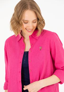 Kadın Fuşya Keten Görünümlü Uzun Kollu Basic Gömlek - 50262873061