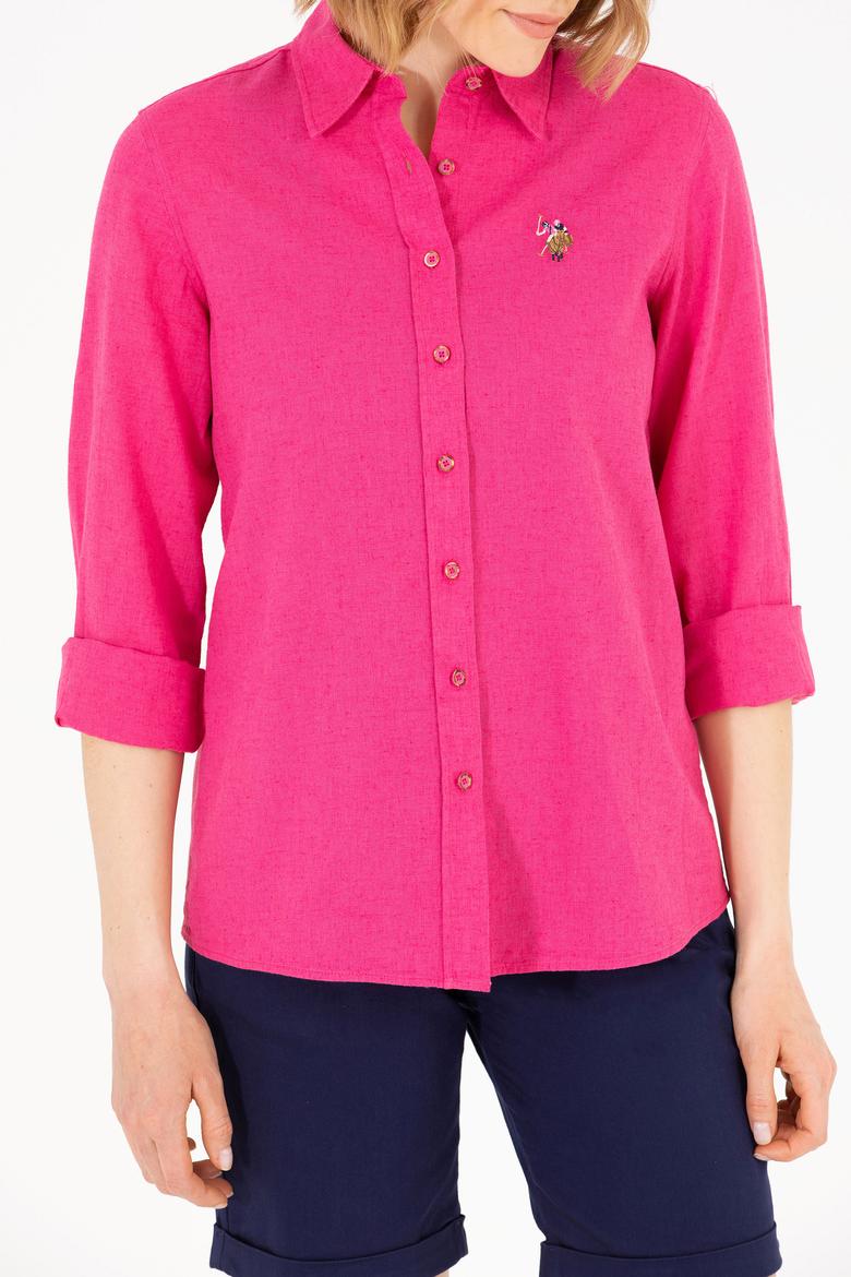 Kadın Fuşya Keten Görünümlü Uzun Kollu Basic Gömlek - 50262873061