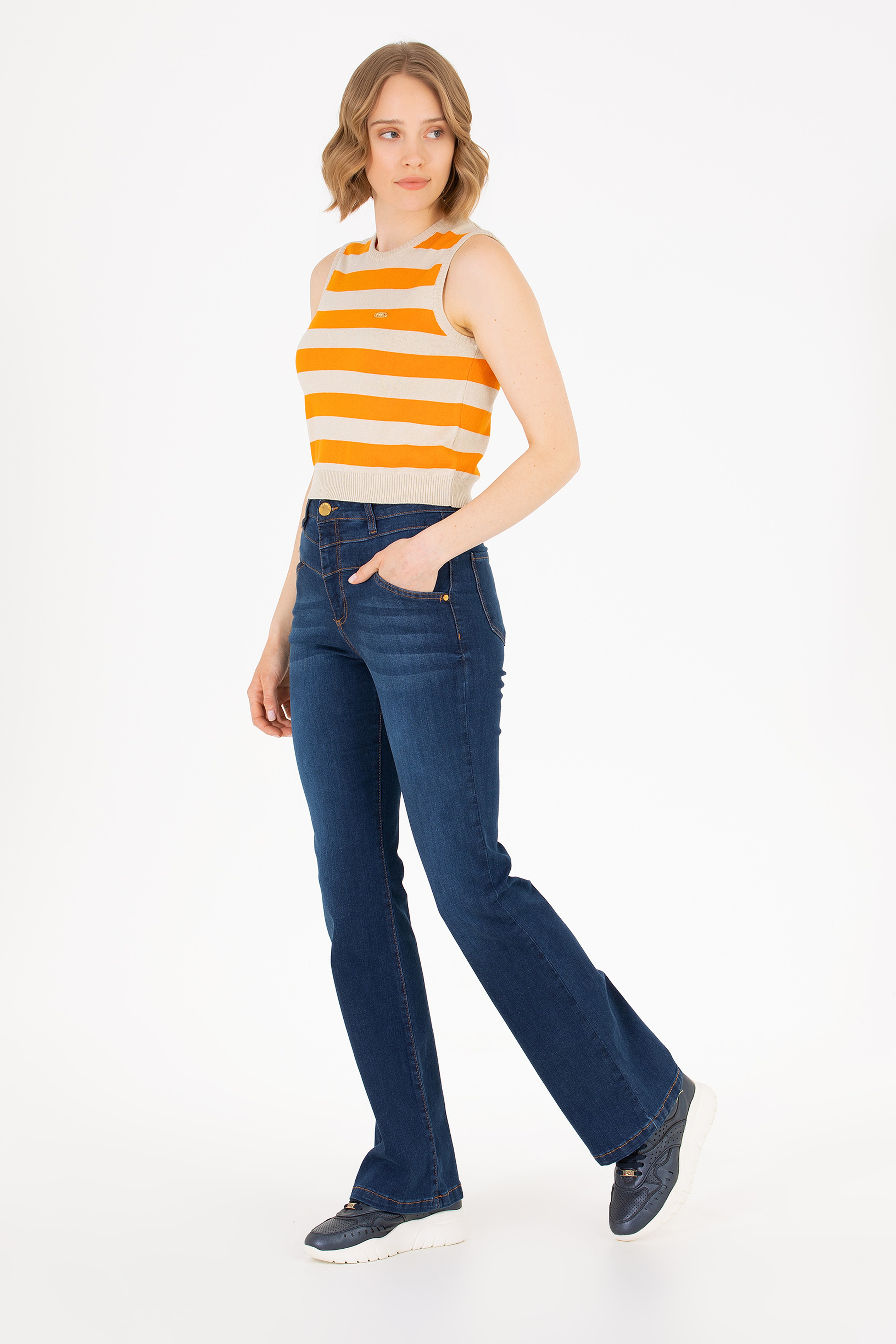 Kadın Koyu Mavi Slim Flare Fit Jean Pantolon