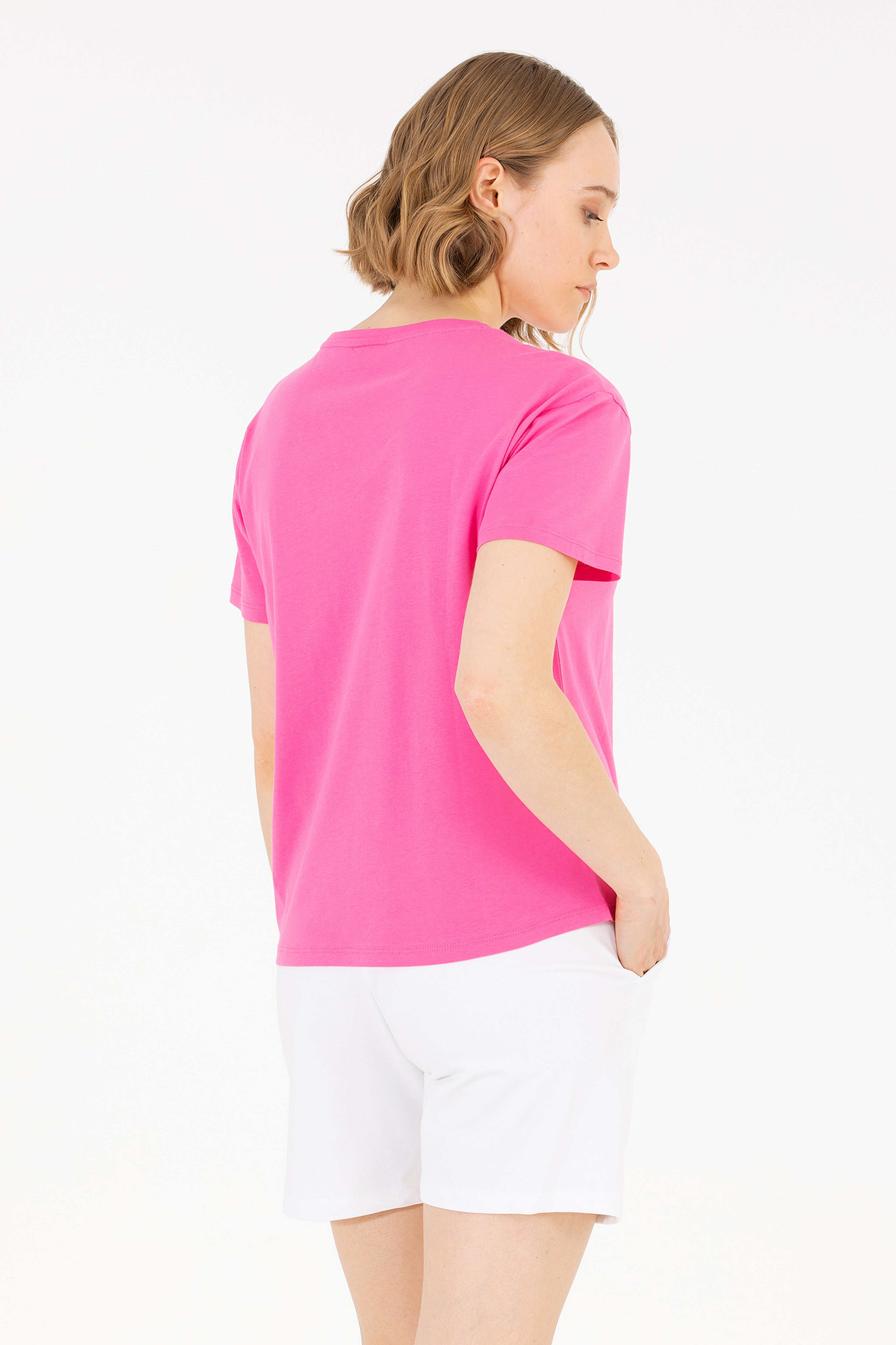 Kadın Pembe Bisiklet Yaka Tişört - Image 5