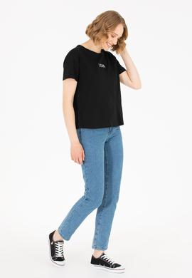 Kadın Siyah Bisiklet Yaka Tişört - 50266326062