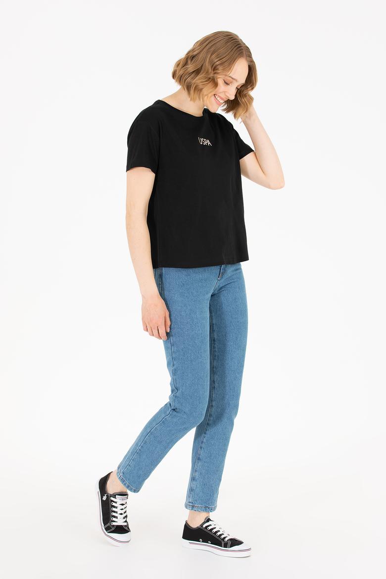 Kadın Siyah Bisiklet Yaka Tişört - 50266326062