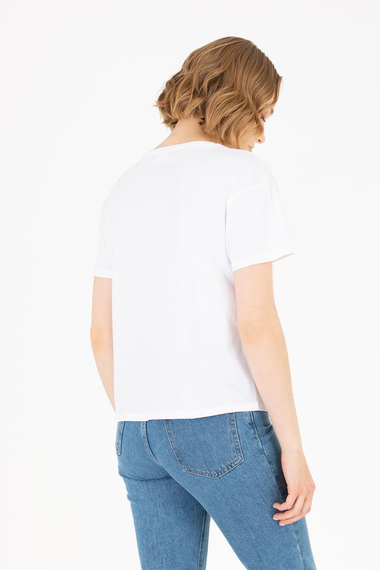 Kadın Beyaz Bisiklet Yaka Tişört - 50266326088