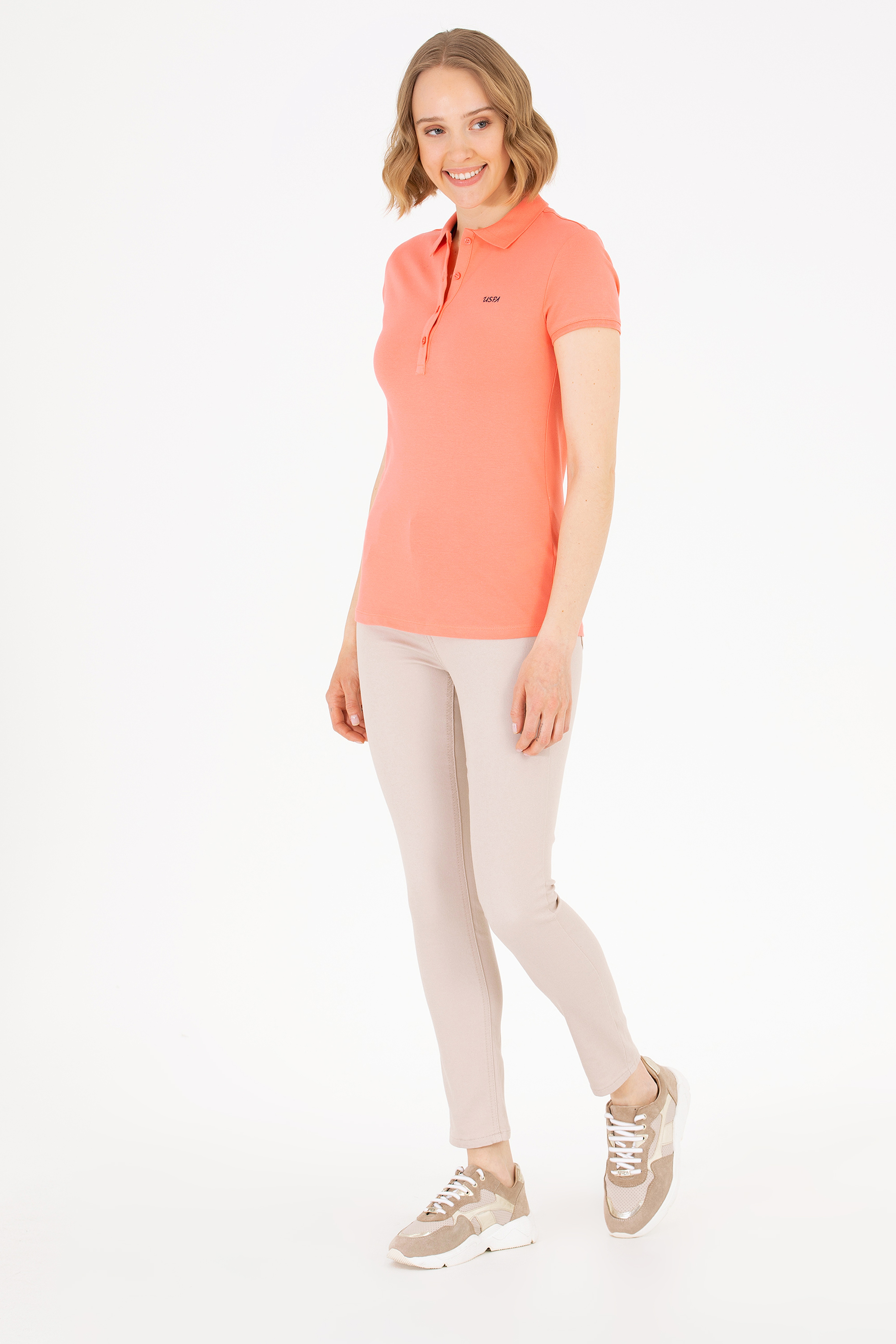 Kadın Somon Basic Polo Yaka Tişört - Image 3