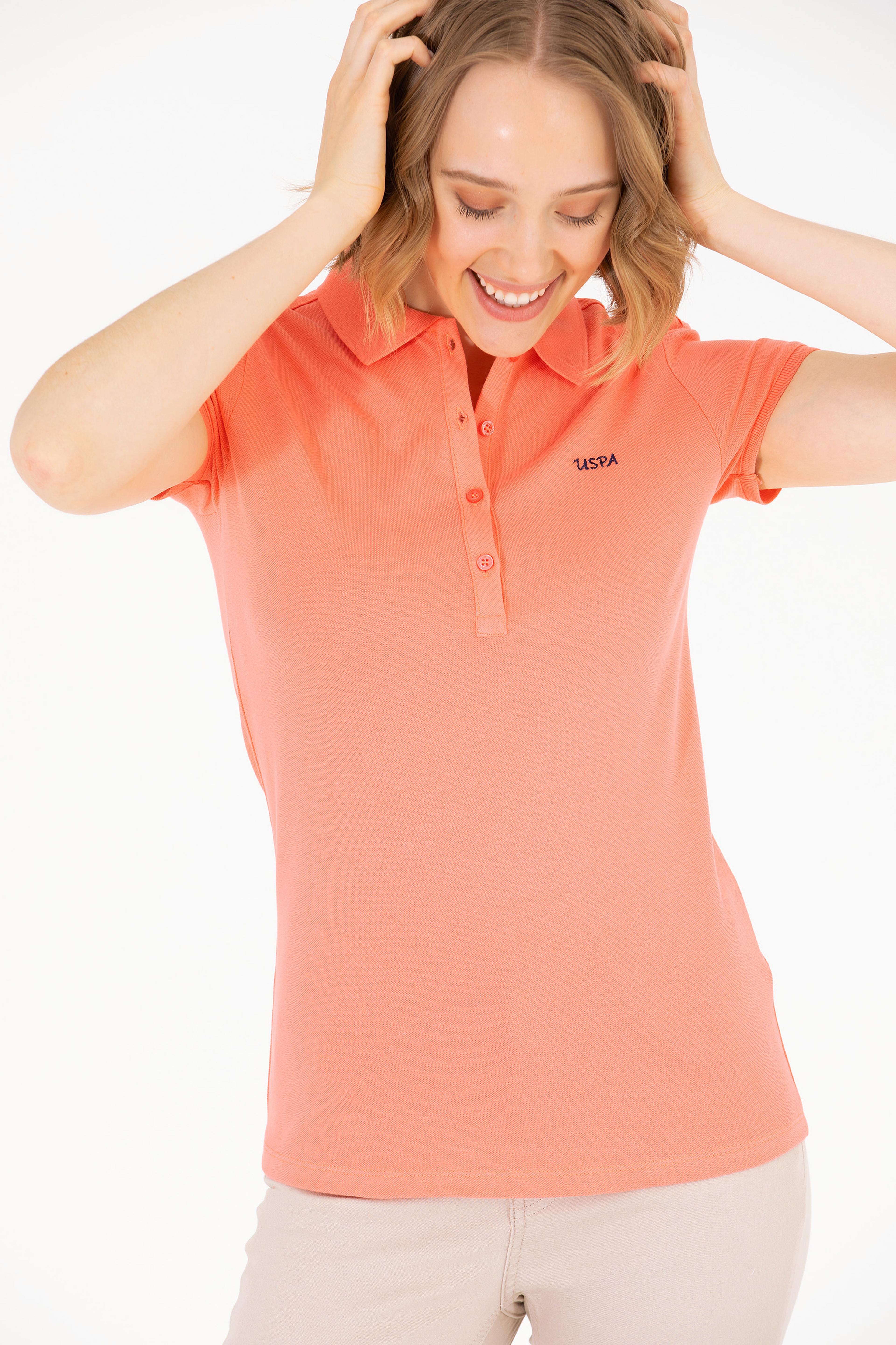Kadın Somon Basic Polo Yaka Tişört - Image 4