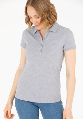 Kadın Gri Melanj Basic Polo Yaka Tişört - 50266348144