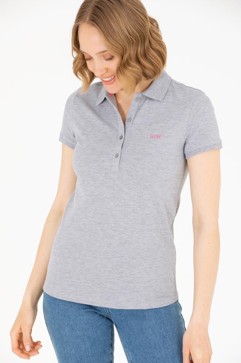 Kadın Gri Melanj Basic Polo Yaka Tişört
