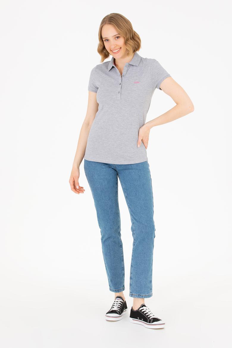 Kadın Gri Melanj Basic Polo Yaka Tişört - 50266348144