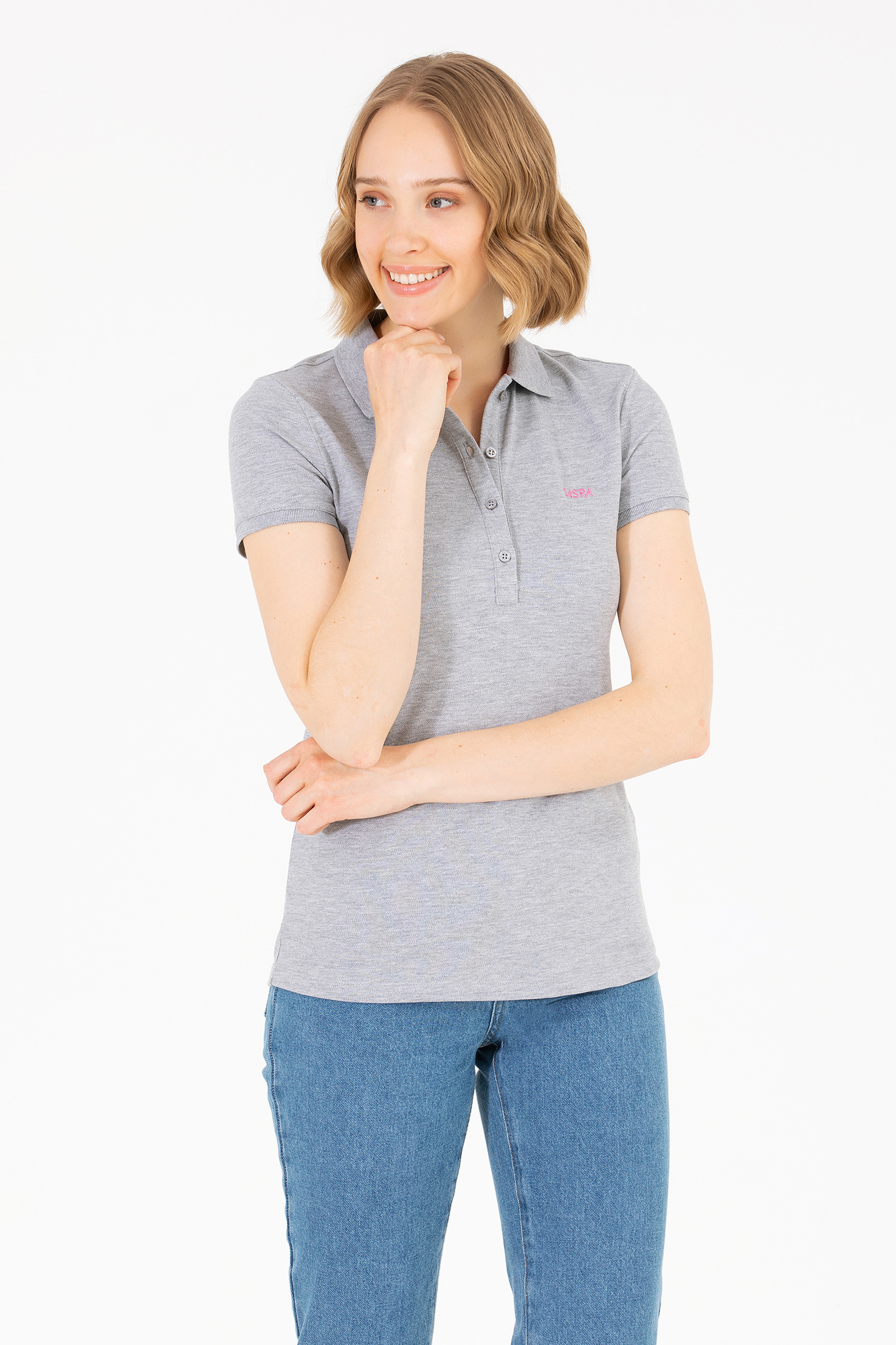 Kadın Gri Melanj Basic Polo Yaka Tişört