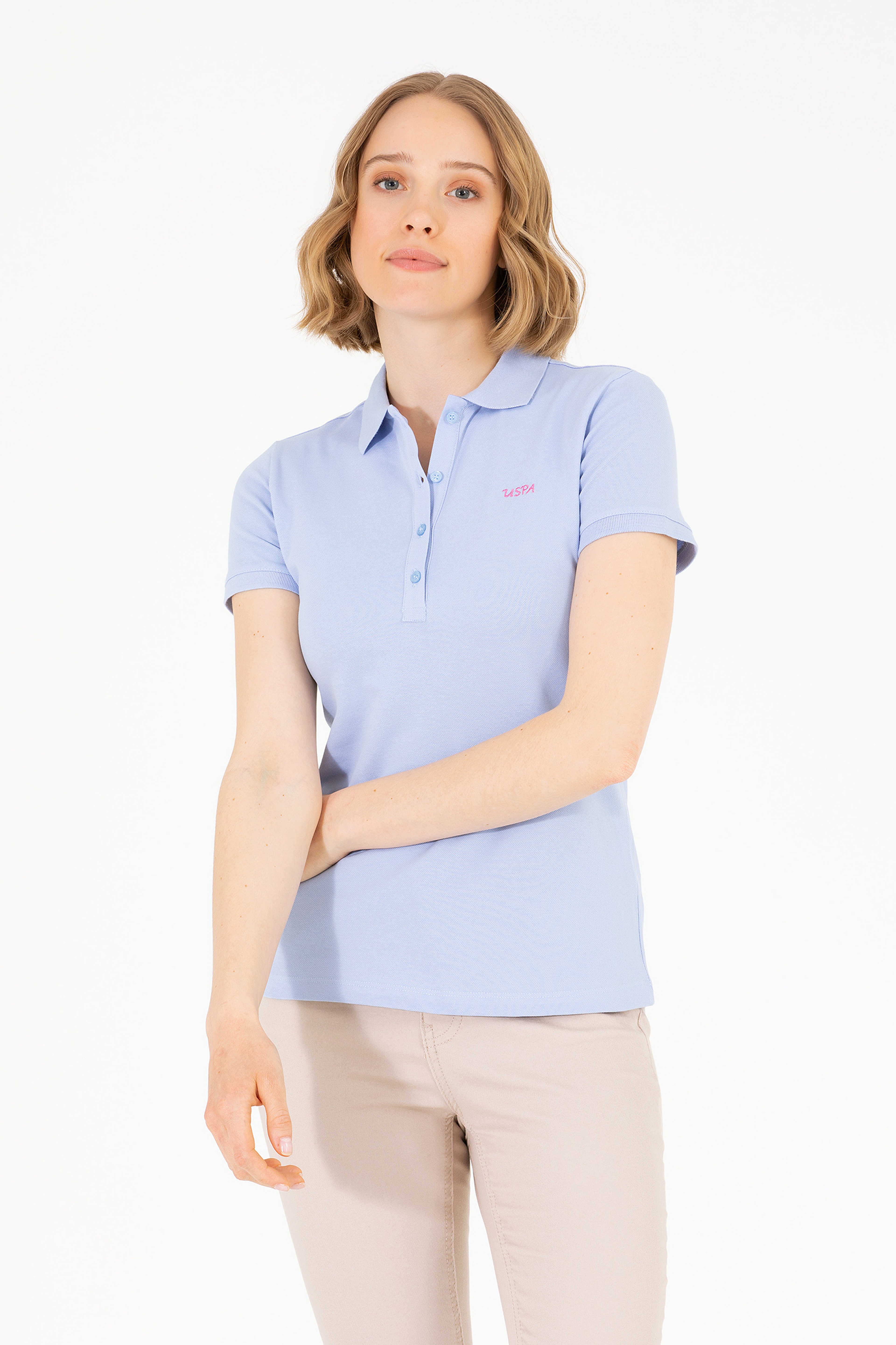 Kadın Mavi Basic Polo Yaka Tişört - Image 1