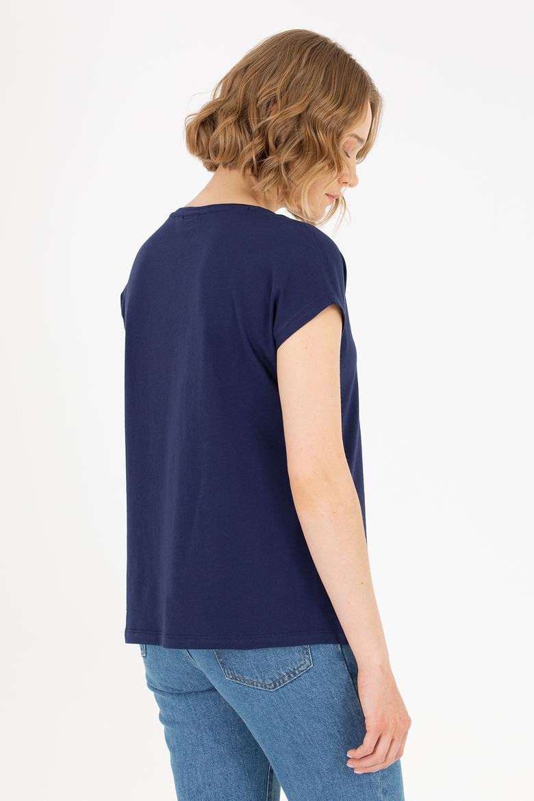 Kadın Lacivert Bisiklet Yaka Tişört - 50267008005