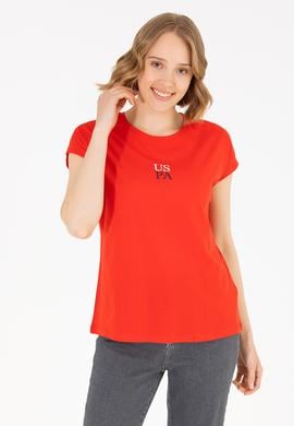 Kadın Kırmızı Bisiklet Yaka Tişört - 50267008029